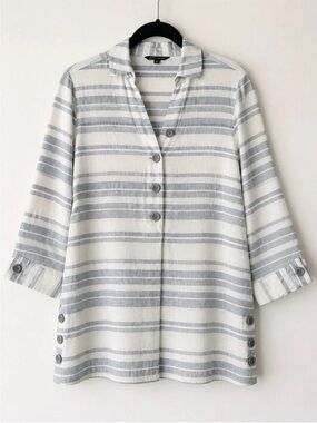 John Mark | Linen Coastel Lagenlook Tunic Size XL Beige Henley 3/4 Sleeves